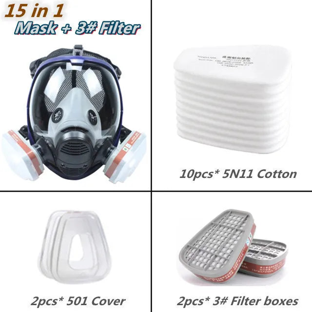 Full face mask with anti-fog lens and industrial gas filters