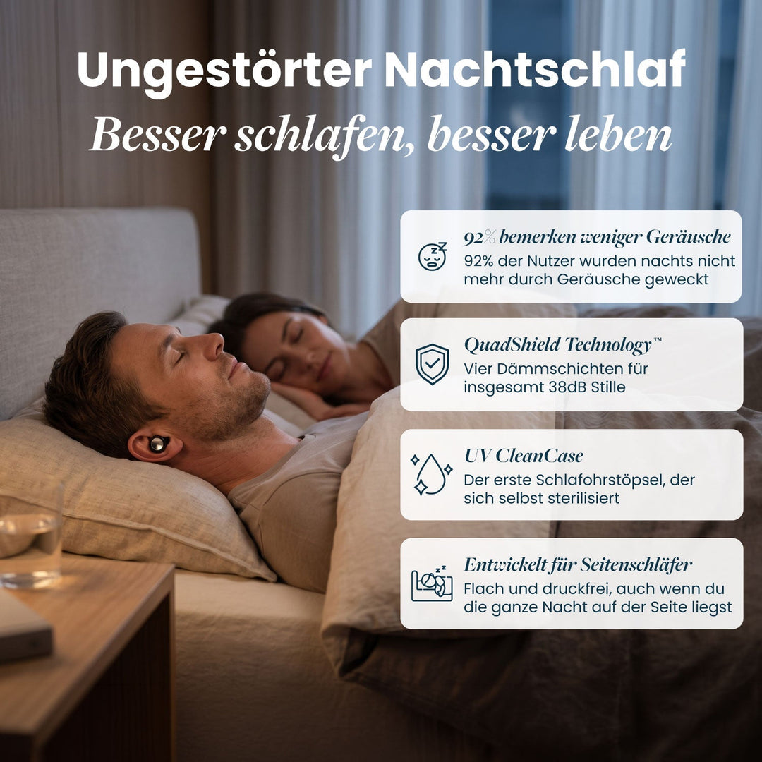 Deutsche Version: Paar schläft im Bett, der Mann trägt einen Ohrstöpsel, daneben vier Kästen mit Vorteilen wie 38dB Dämmung und UV-Etui. 10