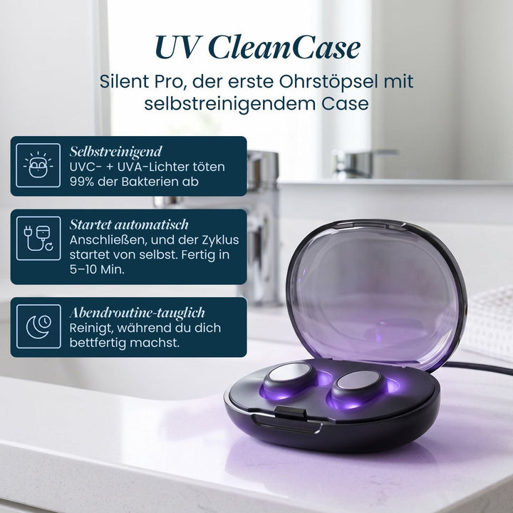Deutsche Version: leuchtendes violettes UV-Etui mit zwei Ohrstöpseln auf dem Waschtisch, dazu drei Infokästen zu Selbstreinigung und Zyklus. 12