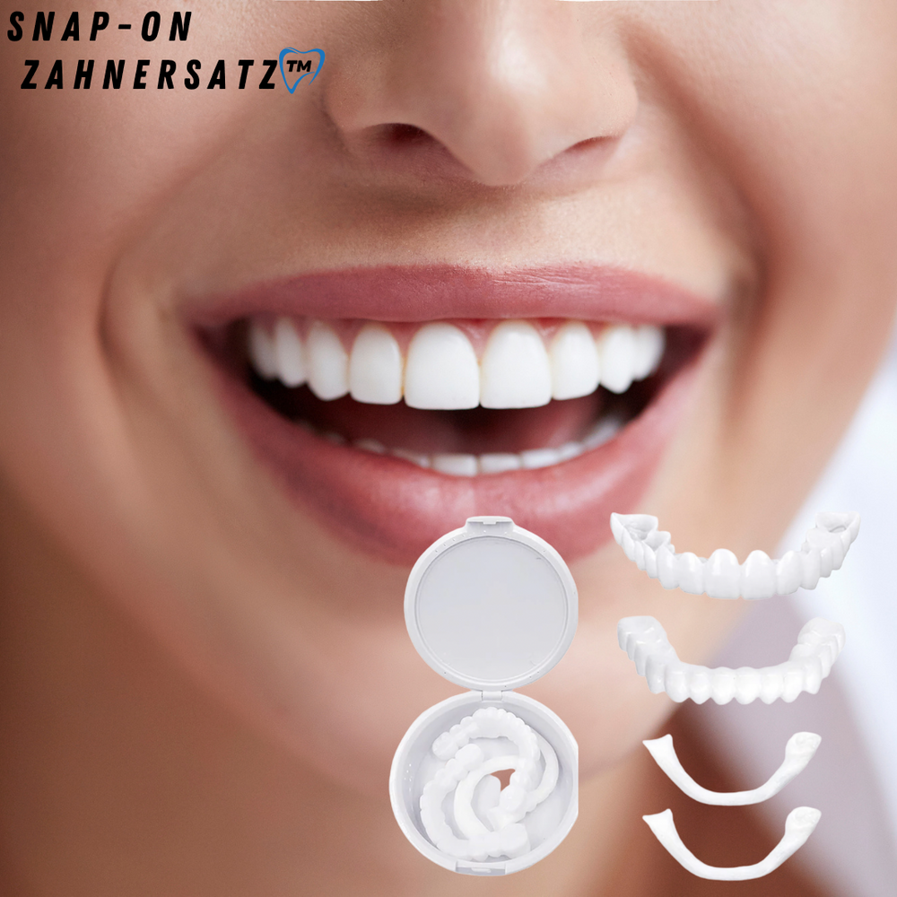 Nahaufnahme eines strahlenden Lächelns, darunter die weißen Aufsteck-Veneers einzeln und in einer runden weißen Aufbewahrungsdose. 2