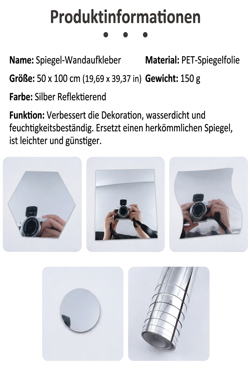 Selbstklebende Spiegelfolie | Splittersicher & Zuschneidbar | Kristallklar