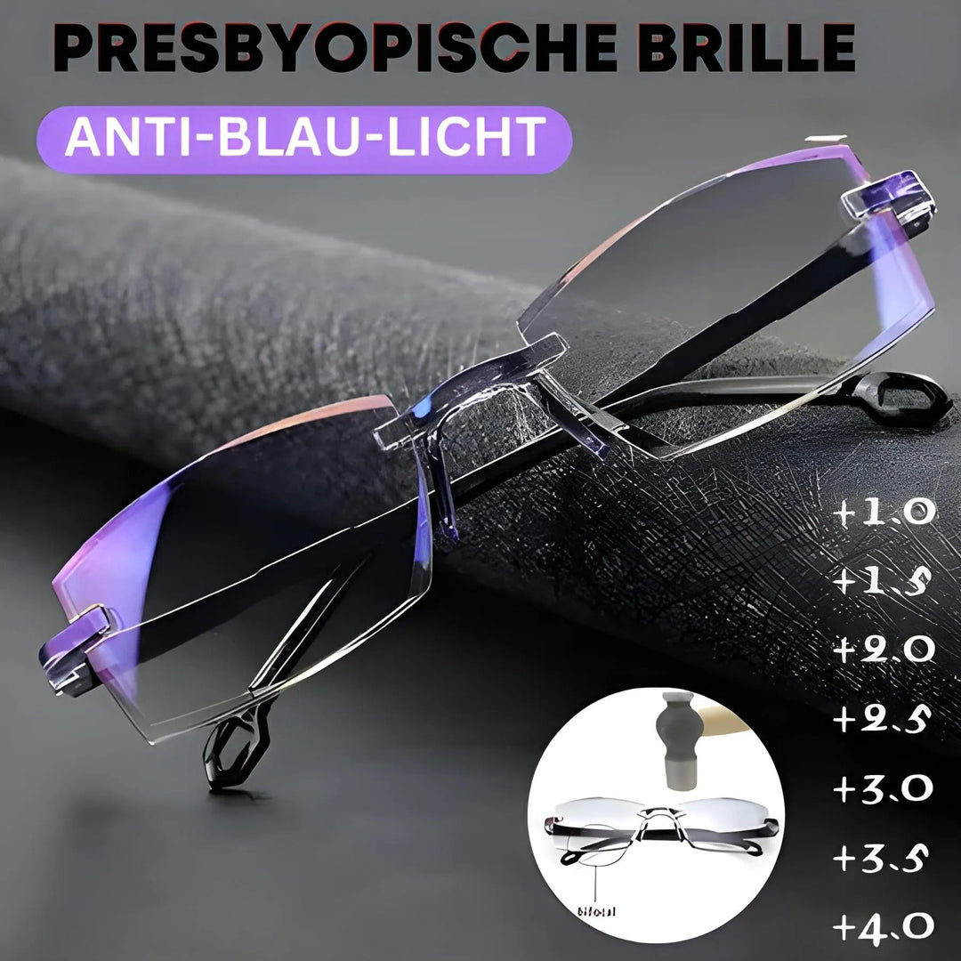 Randlose Lesebrille mit bläulich schimmernden Gläsern liegt auf einer dunklen, strukturierten Oberfläche, daneben eine Liste der verfügbaren Stärken. 2