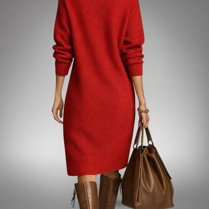Rückansicht des roten Strickkleids mit Rippenbündchen an Ärmeln und Saum, dazu braune Tasche und Stiefel 5