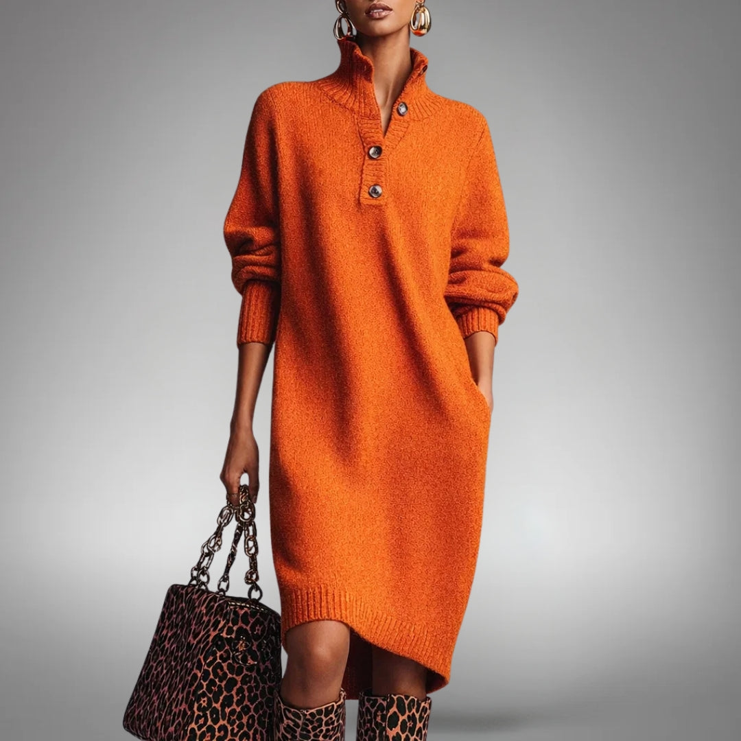 Orangefarbenes Strickkleid mit Stehkragen und Knöpfen, getragen mit Leoparden-Handtasche und Stiefeln, Frontansicht 1