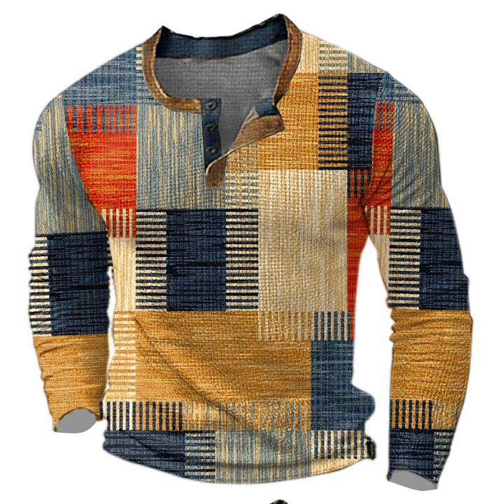 Frontansicht des Langarm-Shirts mit Knopfleiste in Orange-, Gelb- und Blautönen mit gestreiften Farbblöcken und brauner Kragenkante. 1