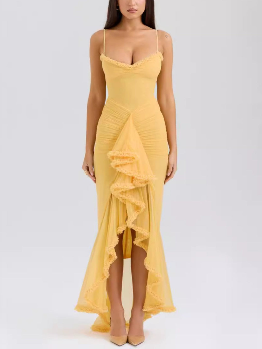 Trendiges Maxikleid mit Rüschen und Spaghettiträgern – Loyza