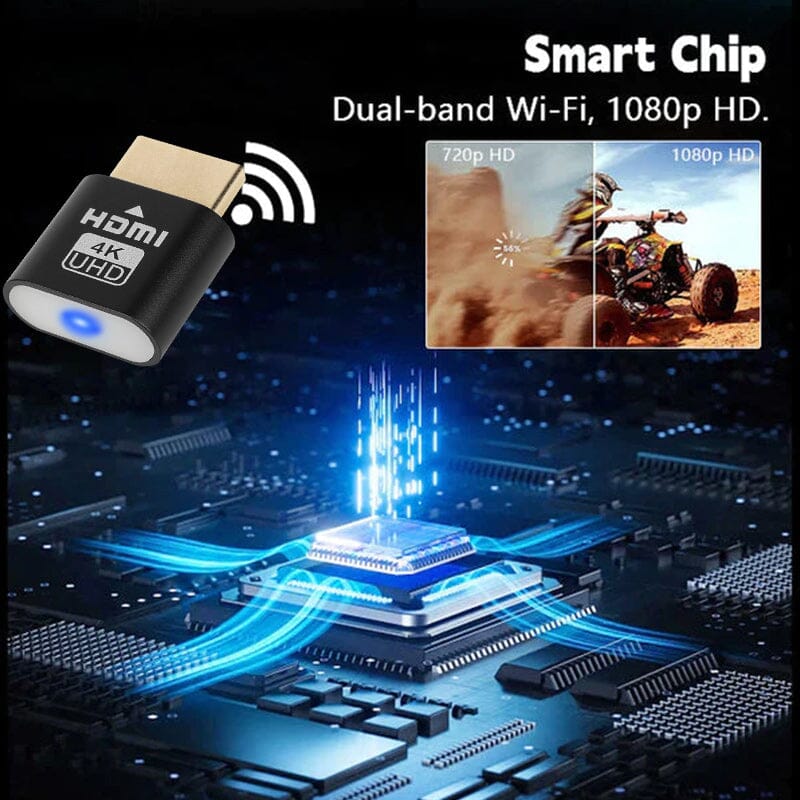 Schwarzer HDMI-Stecker neben Funksymbol, darunter ein leuchtender Prozessorchip und ein Bildvergleich zwischen niedrigerer und höherer Auflösung. 4