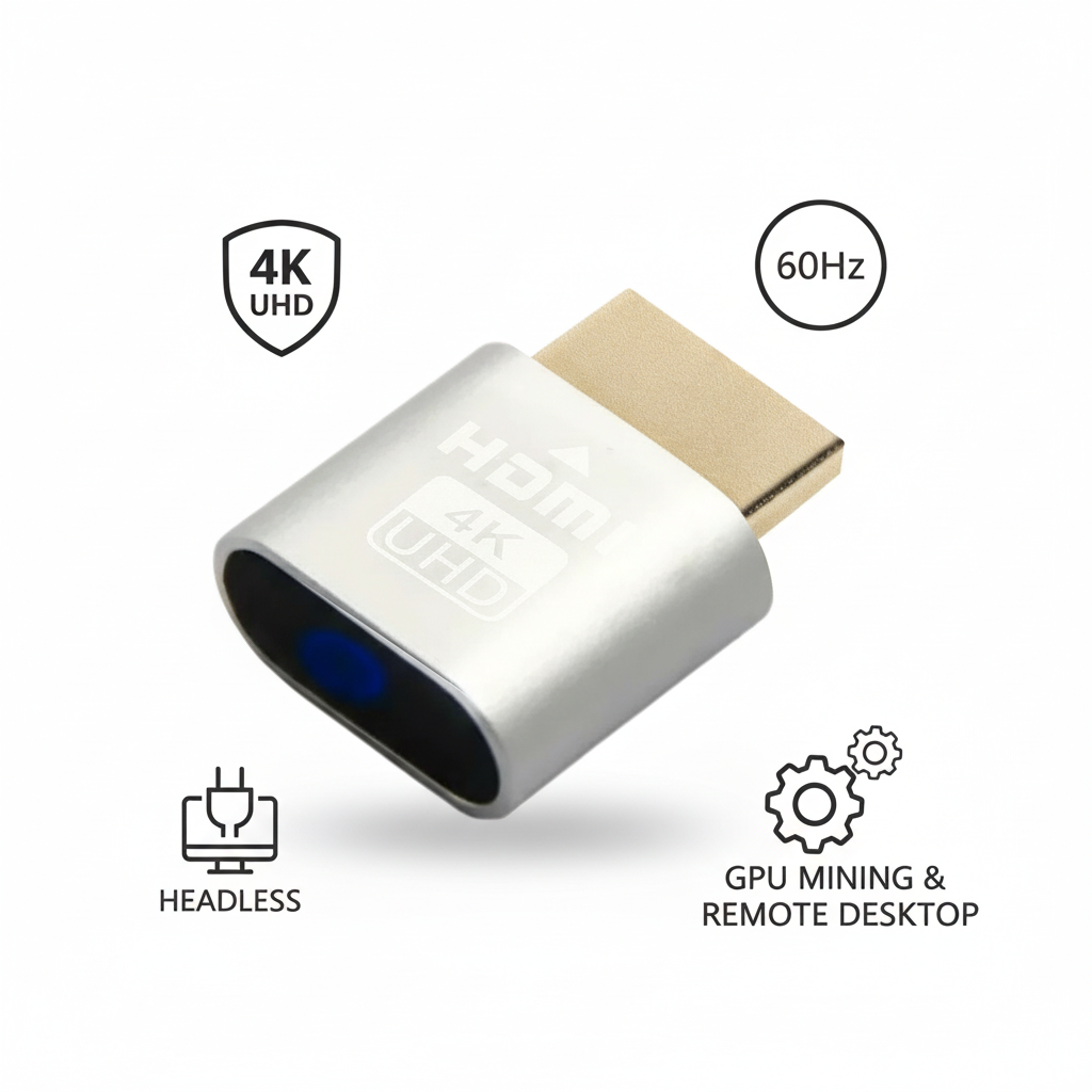 Silberner HDMI-Stecker mit blauer LED, umgeben von Symbolen für 4K, 60 Hz, Headless-Betrieb sowie Mining und Remote-Desktop. 11