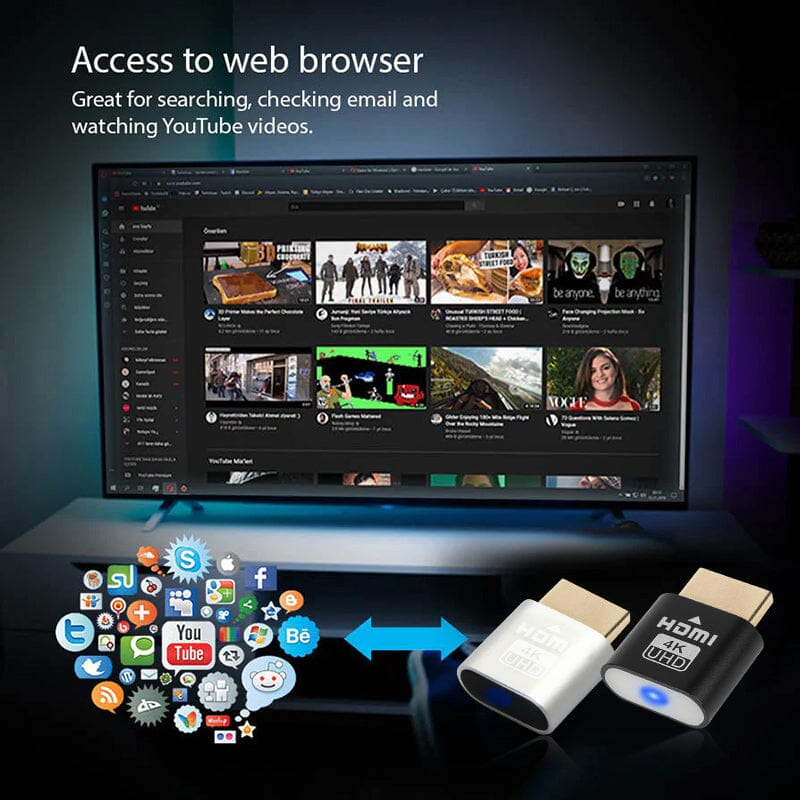 Fernseher mit Videoportal im Browser, davor ein schwarzer und ein silberner Stecker sowie eine Wolke aus App-Symbolen. 6