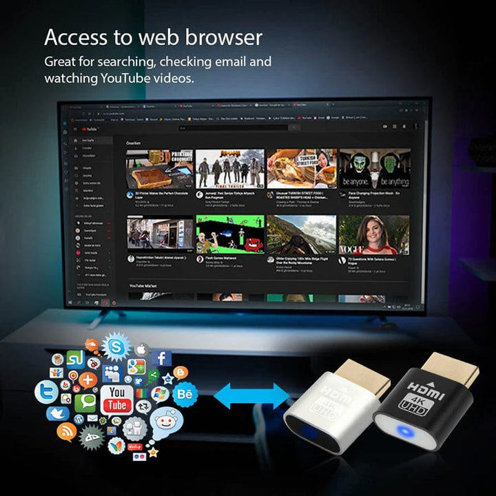 Fernseher mit Videoportal im Browser, davor ein schwarzer und ein silberner Stecker sowie eine Wolke aus App-Symbolen. 6