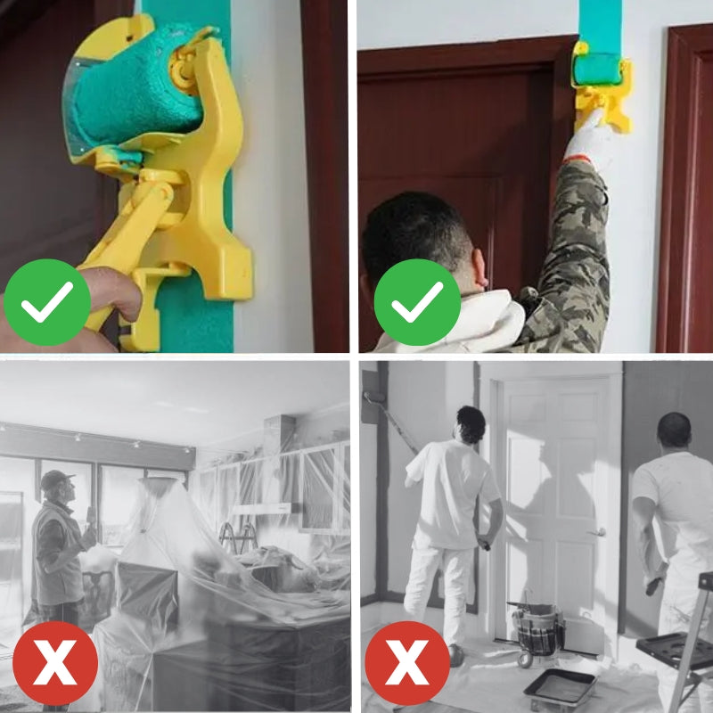 Vierer-Collage: oben zwei Anwendungen an Türrahmen mit grüner Farbe, unten zwei Beispiele für aufwendiges Abdecken und Abkleben. 5