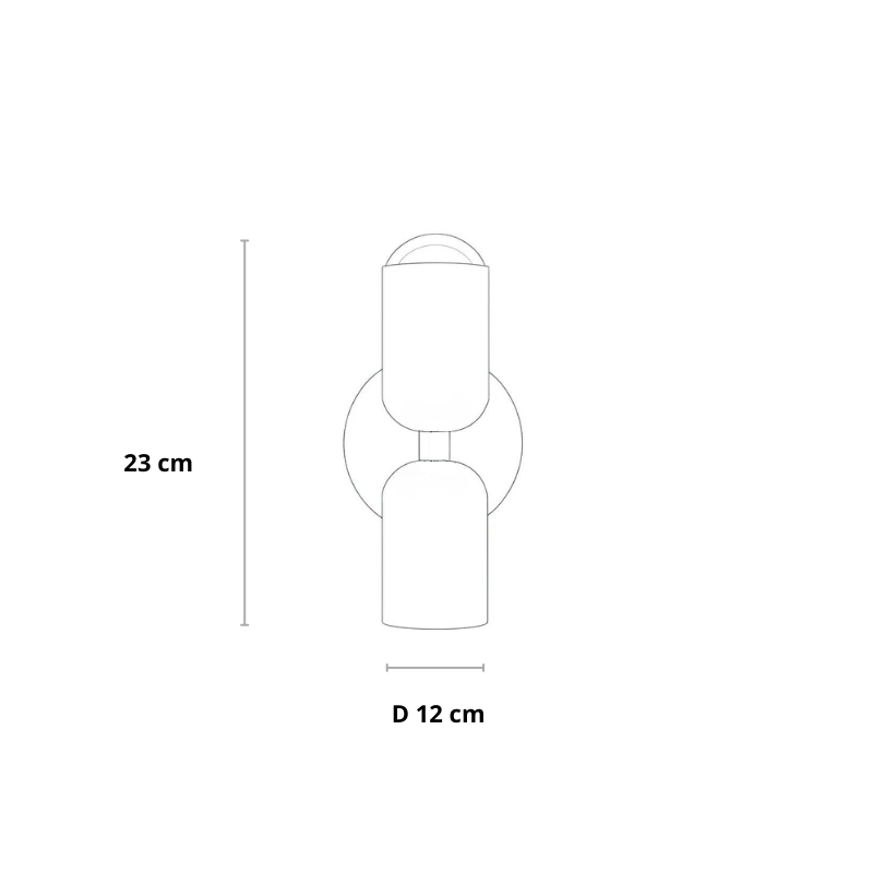 Technische Umrisszeichnung der Wandlampe mit eingezeichneter Höhe und Durchmesser zur Größenangabe. 23