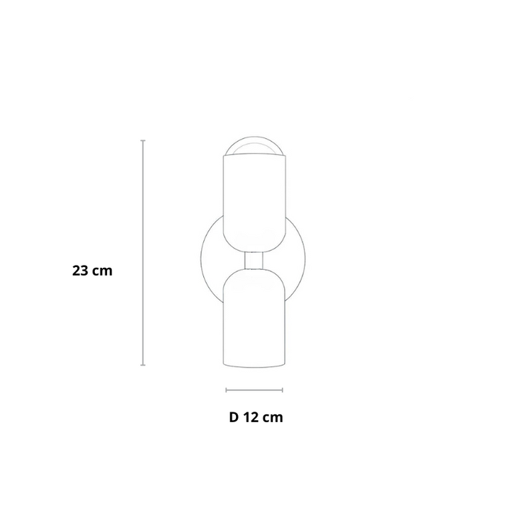 Technische Umrisszeichnung der Wandlampe mit eingezeichneter Höhe und Durchmesser zur Größenangabe. 23