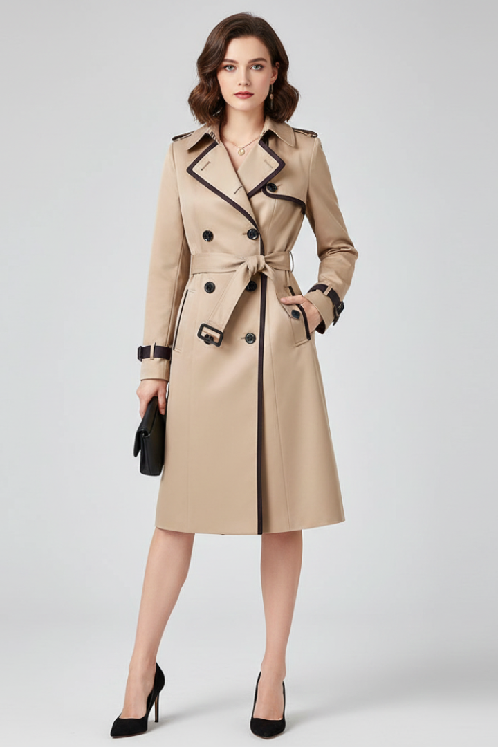 Frontansicht: Model trägt den beigen Trenchcoat mit dunklen Kanten und geknotetem Gürtel, dazu schwarze Pumps und eine kleine Clutch. 2