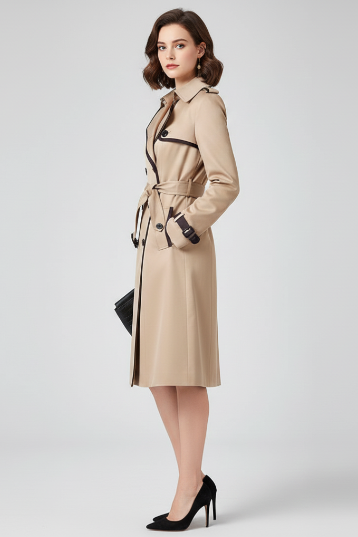 Seitenansicht des beigen Trenchcoats am Model, die Hand in der Tasche, mit Ärmelriemen, Schulterklappe und dunkler Paspel. 3