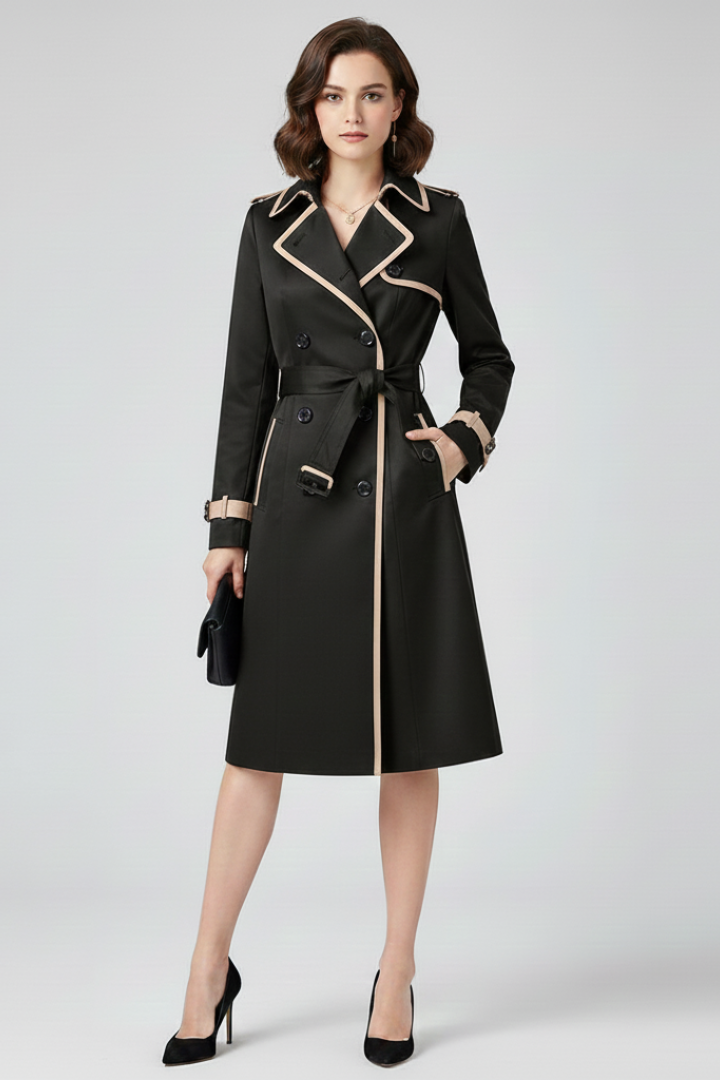 Schwarze Variante des Trenchcoats mit beigen Zierkanten, Frontansicht am Model mit geknotetem Gürtel, schwarzen Pumps und Clutch. 5