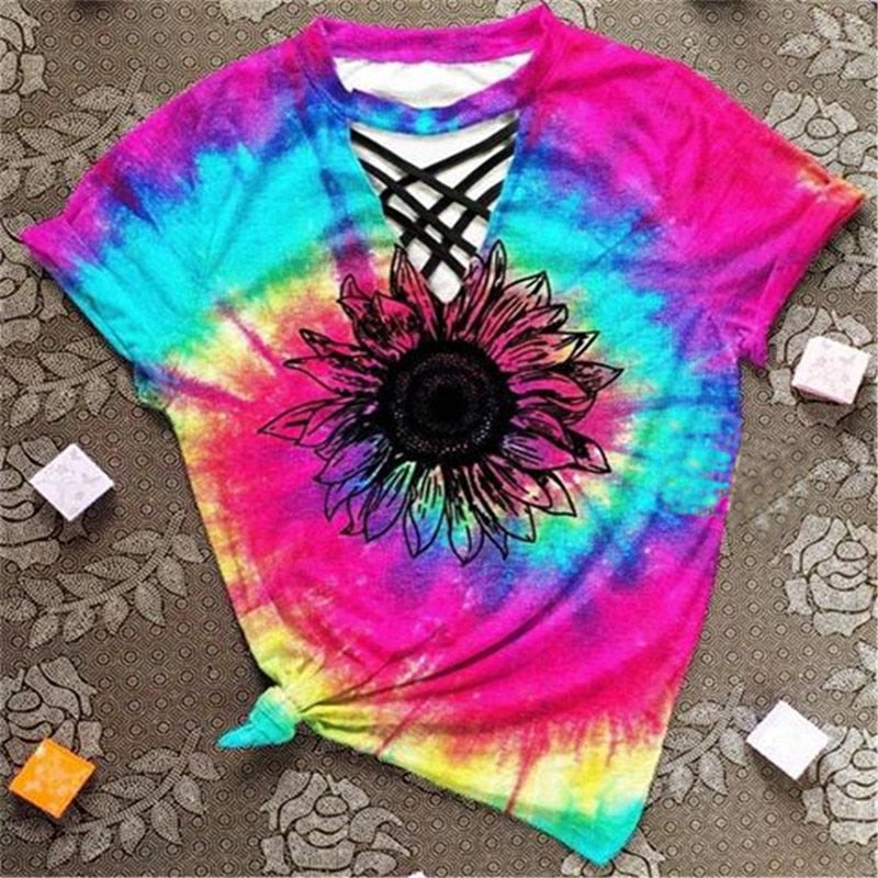 Trendy women's T-shirt with cut-out design and tie-dye pattern – Norina