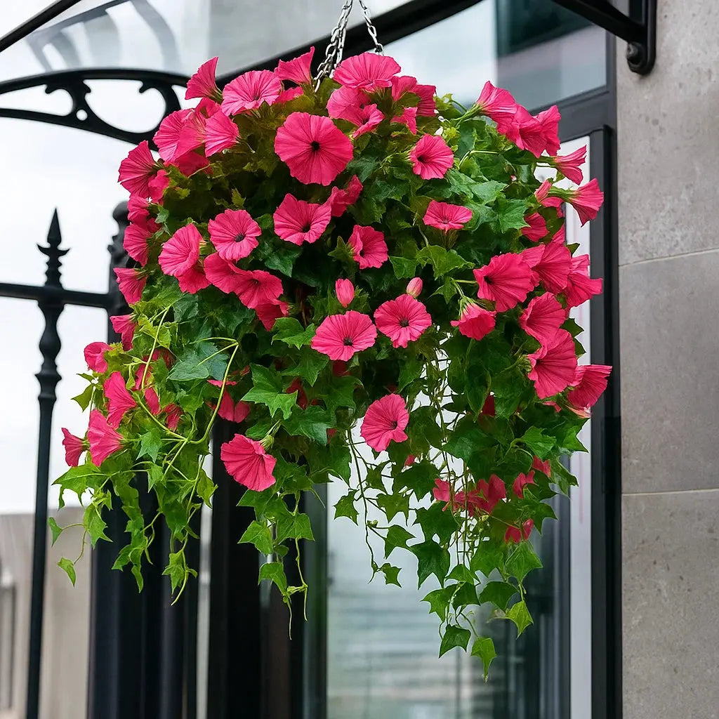 Kunstblumen-Ampel mit pinkfarbenen Trichterblüten und Efeublättern, an einer Kette vor einem schwarzen Eisengitter am Hauseingang aufgehängt. 1
