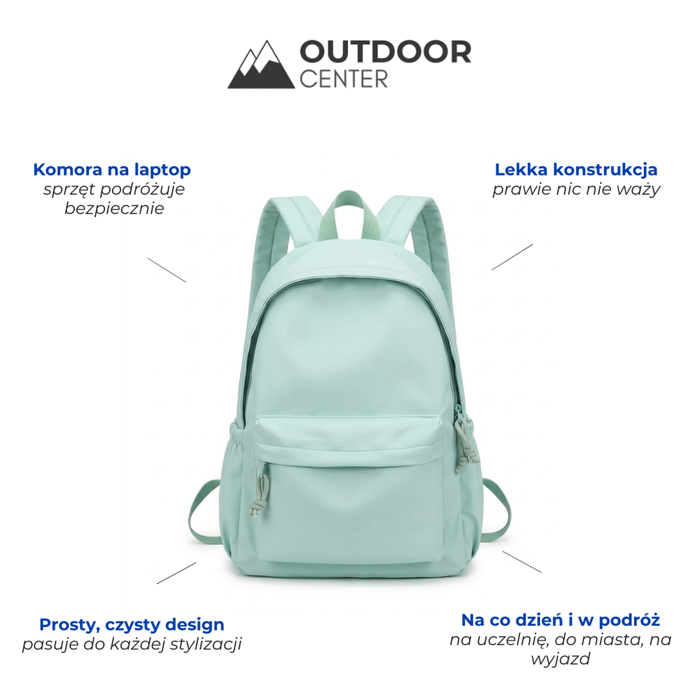 Mintgrüner Rucksack in der Frontansicht, umgeben von vier Textfeldern, die Merkmale wie Laptopfach, geringes Gewicht und schlichtes Design hervorheben. 2