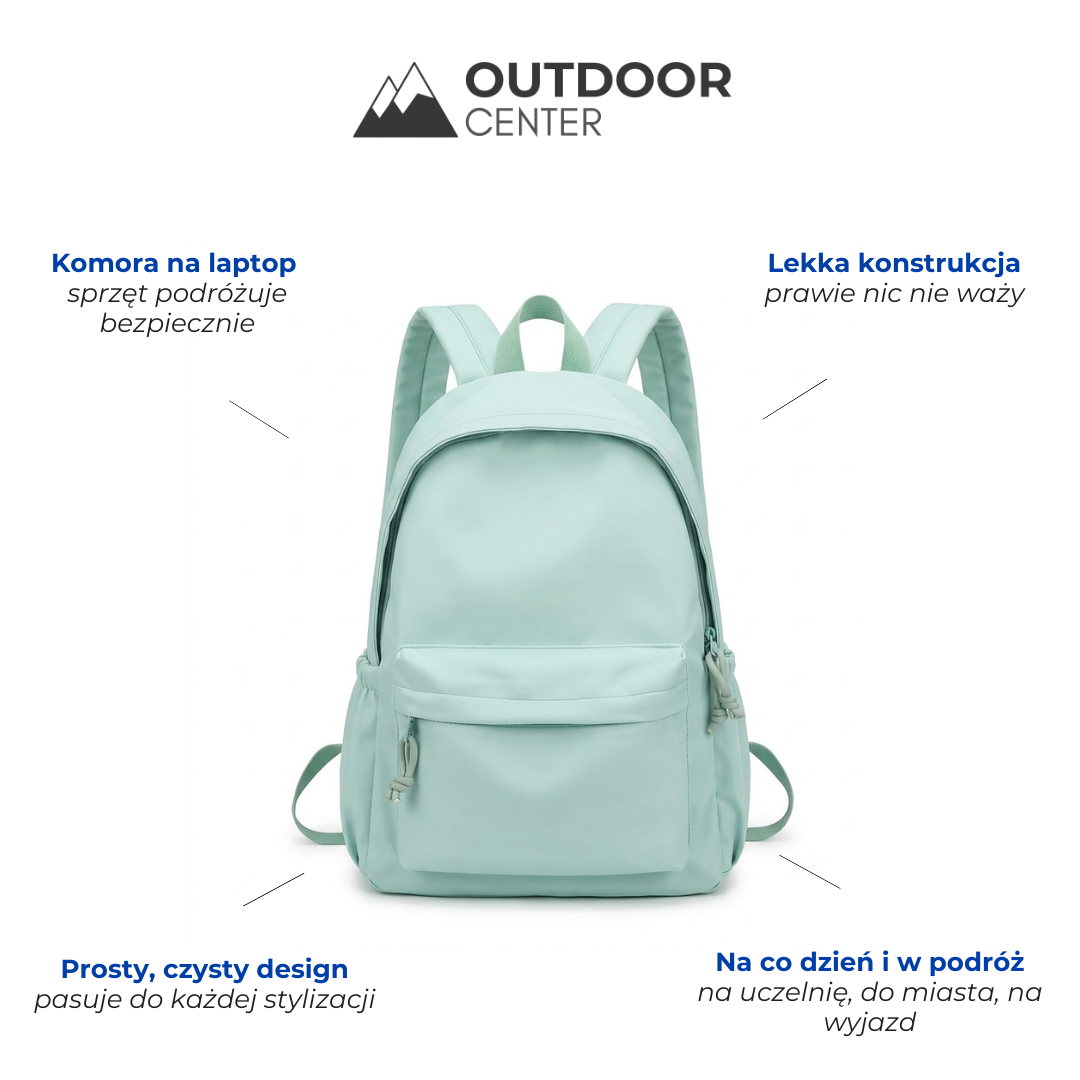 Mintgrüner Rucksack in der Frontansicht, umgeben von vier Textfeldern, die Merkmale wie Laptopfach, geringes Gewicht und schlichtes Design hervorheben. 2