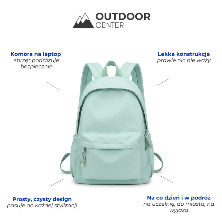 Mintgrüner Rucksack in der Frontansicht, umgeben von vier Textfeldern, die Merkmale wie Laptopfach, geringes Gewicht und schlichtes Design hervorheben. 2