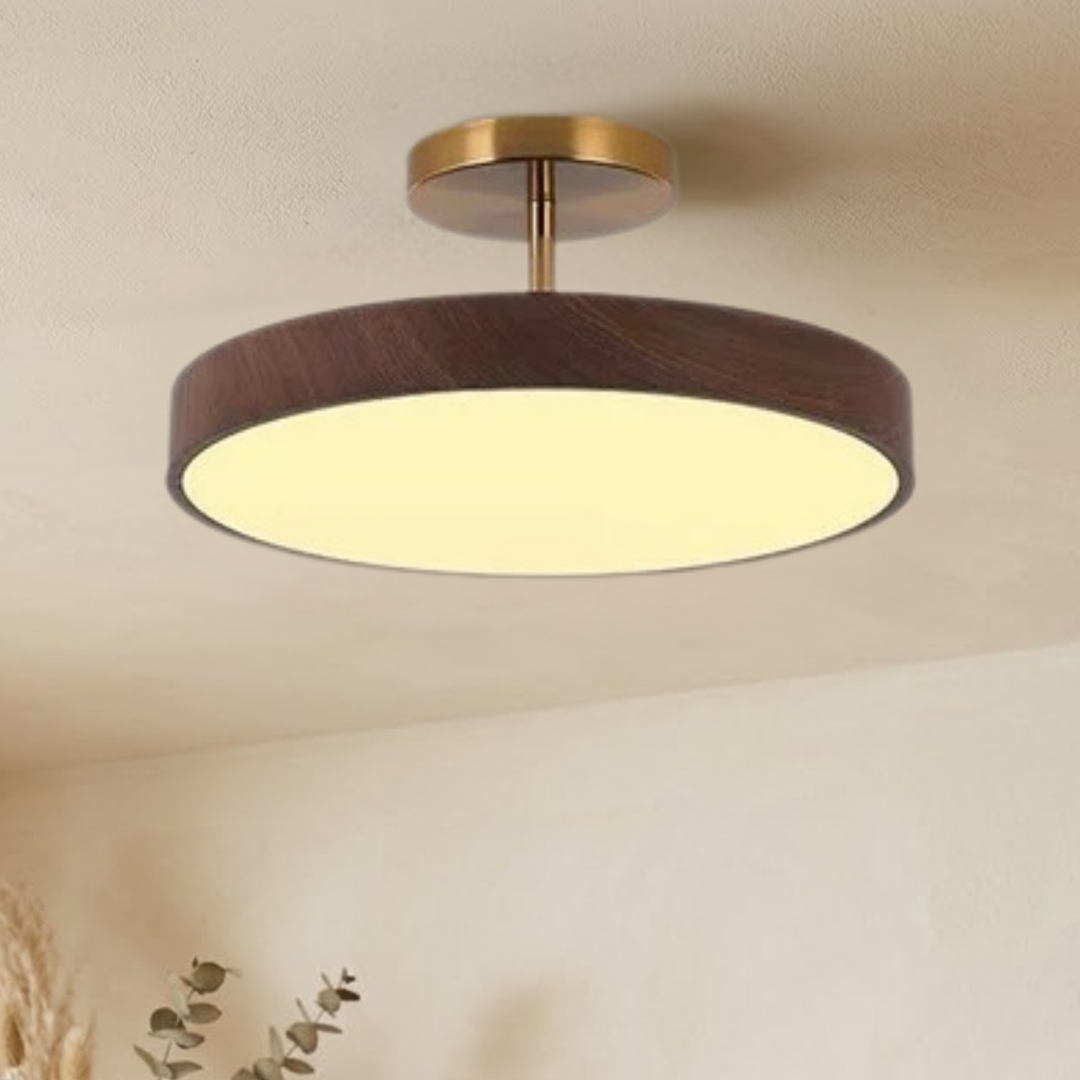 Dunkle Holzoptik-Leuchte mit goldfarbener Halterung und warmweiß leuchtender Fläche an der Decke, mit Eukalyptuszweigen im Vordergrund. 3
