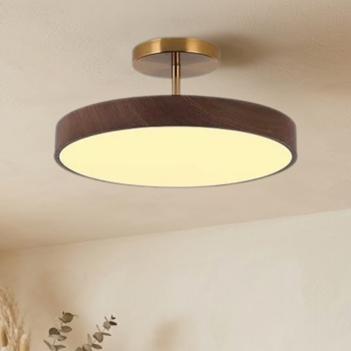 Dunkle Holzoptik-Leuchte mit goldfarbener Halterung und warmweiß leuchtender Fläche an der Decke, mit Eukalyptuszweigen im Vordergrund. 3
