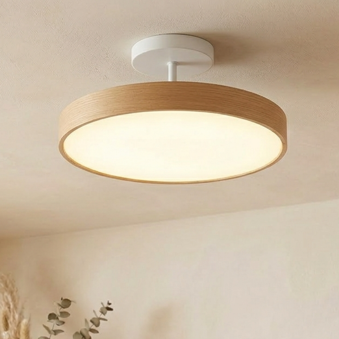 Leuchte mit heller Holzmaserung am Rahmen und weißer Halterung strahlt warmes Licht, im Vordergrund Eukalyptus und Gräser. 5
