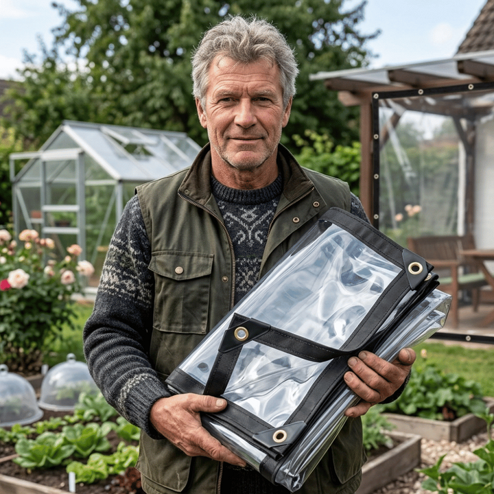 Älterer Mann in Weste hält die zusammengelegte klare Plane mit schwarzem Rand und Metallösen im Garten vor Gewächshaus und Hochbeeten. 1