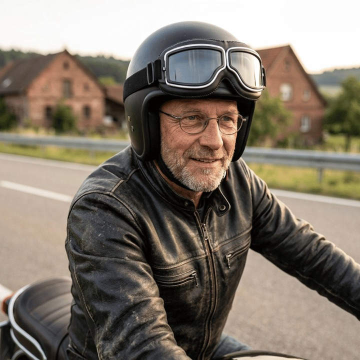 Älterer Motorradfahrer mit schwarzem Jethelm und Lederjacke trägt die Brille über dem Helm, im Hintergrund eine Landstraße und Häuser. 1