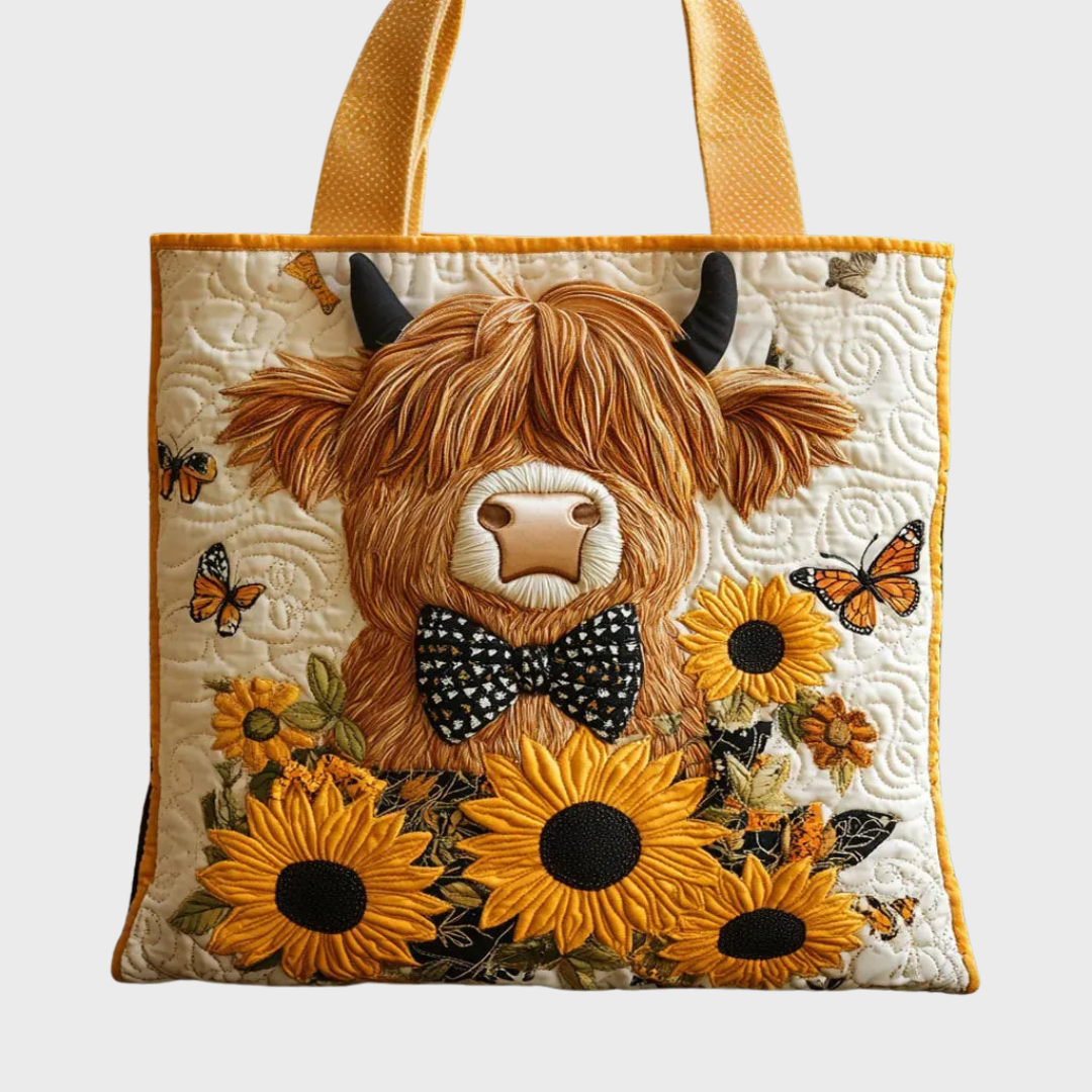 Freisteller der gesteppten Tasche mit Highland-Rind, Sonnenblumen und Schmetterlingen auf hellem Hintergrund, gelbe Henkel und Einfassung gut zu erkennen. 3