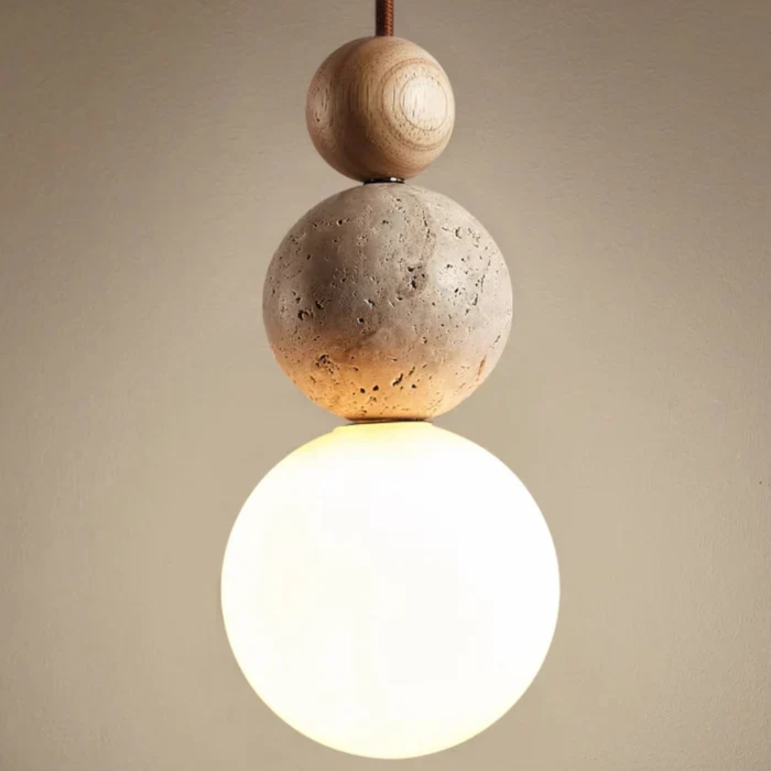 Modern Travertine and Mahogany Pendant Lamp - NaturaLuxe