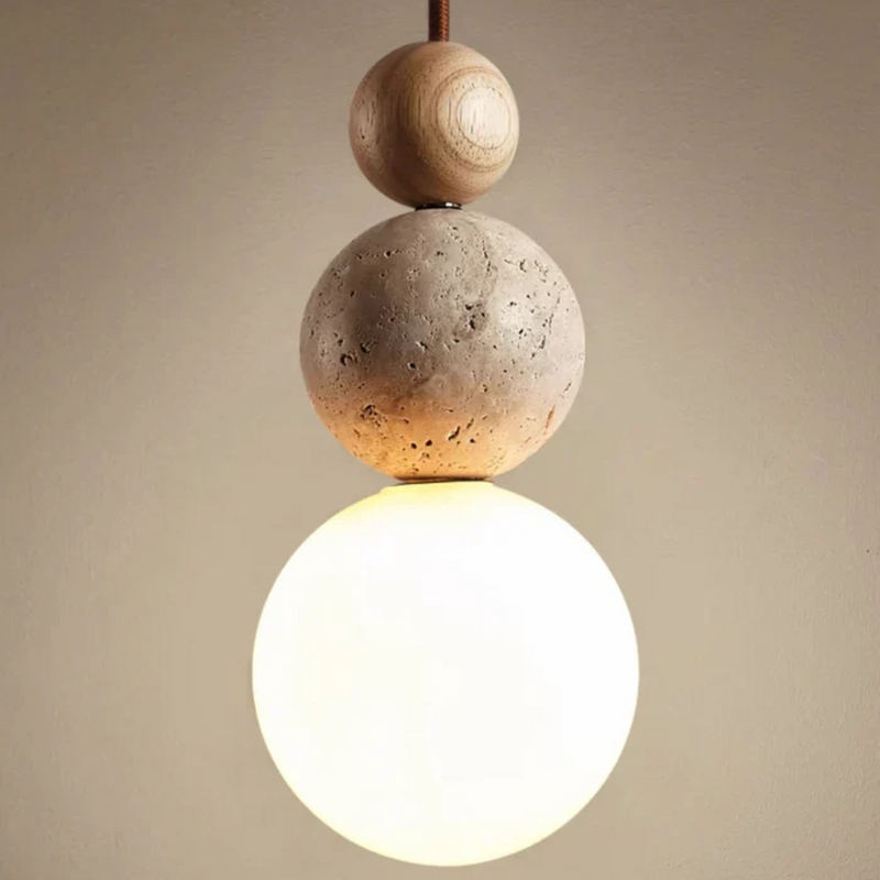 Modern Travertine and Mahogany Pendant Lamp - NaturaLuxe