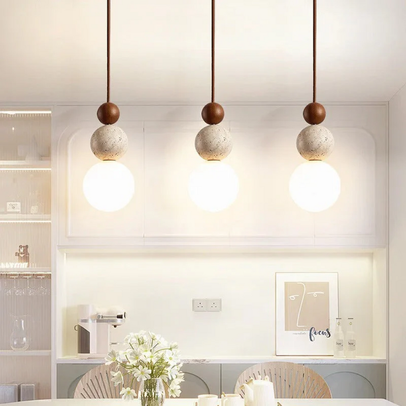 Modern Travertine and Mahogany Pendant Lamp - NaturaLuxe