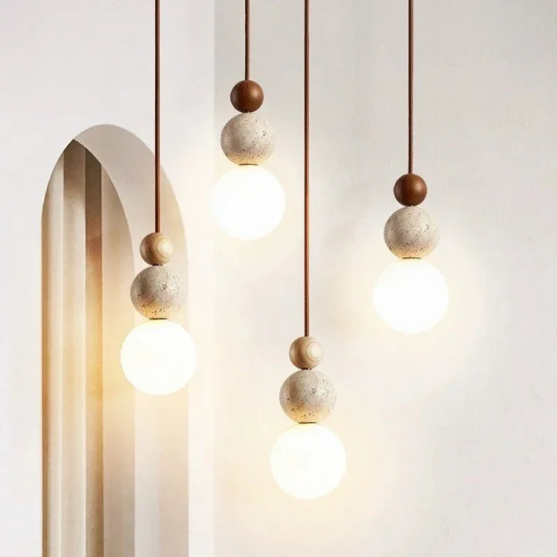 Modern Travertine and Mahogany Pendant Lamp - NaturaLuxe
