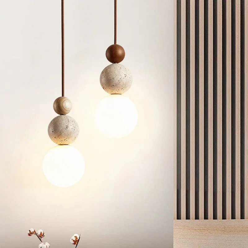 Modern Travertine and Mahogany Pendant Lamp - NaturaLuxe
