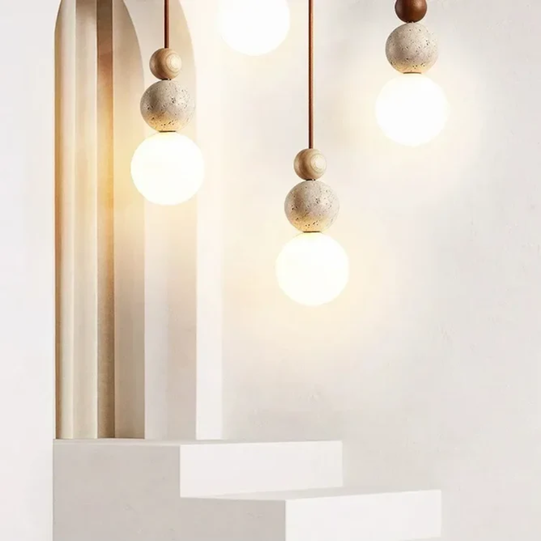 Modern Travertine and Mahogany Pendant Lamp - NaturaLuxe