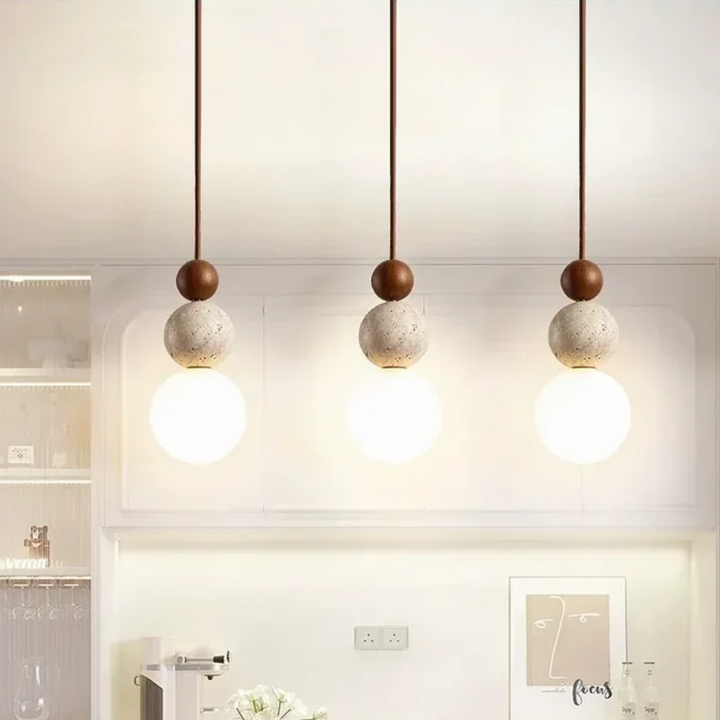 Modern Travertine and Mahogany Pendant Lamp - NaturaLuxe