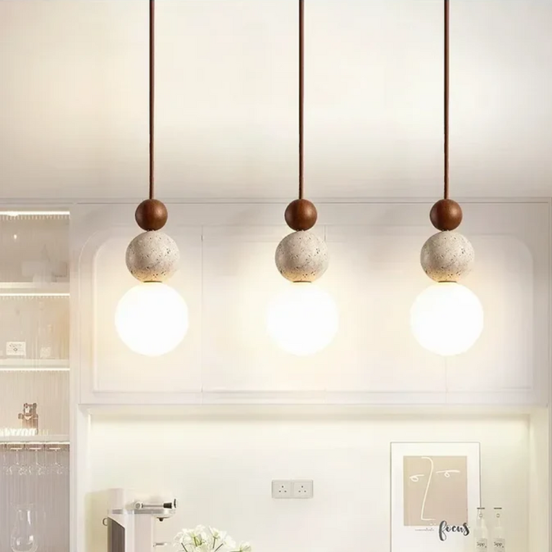 Modern Travertine and Mahogany Pendant Lamp - NaturaLuxe