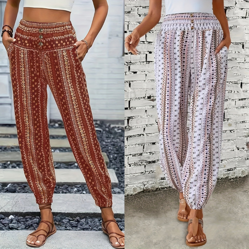 Boho High-Waist Women's Pants with Print & Smocked Waist – Linara