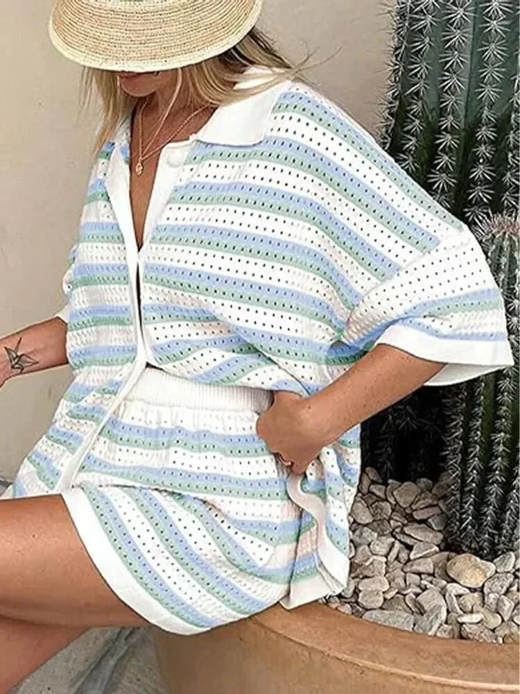 Striped Women's Summer Pants with Top and Shorts – Faye