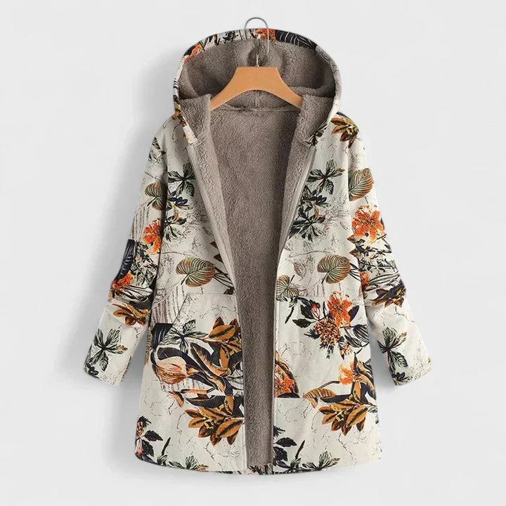 Offene Kapuzenjacke auf Bügel mit orangefarbenen Blüten auf cremeweißem Stoff und weichem Plüschfutter 1