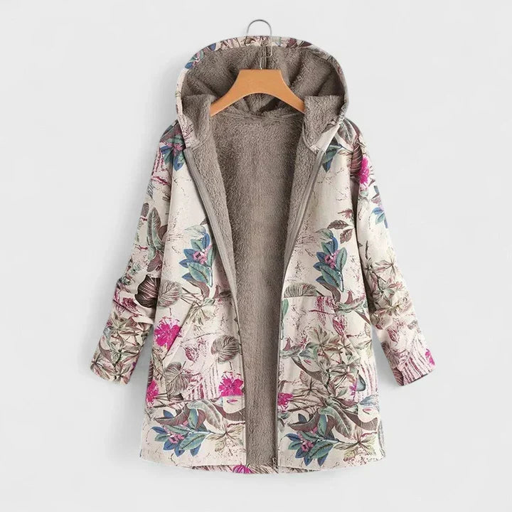Offene Kapuzenjacke auf Bügel mit pinkfarbenen Blüten und blaugrünen Blättern auf hellem Grund, Plüschfutter 2