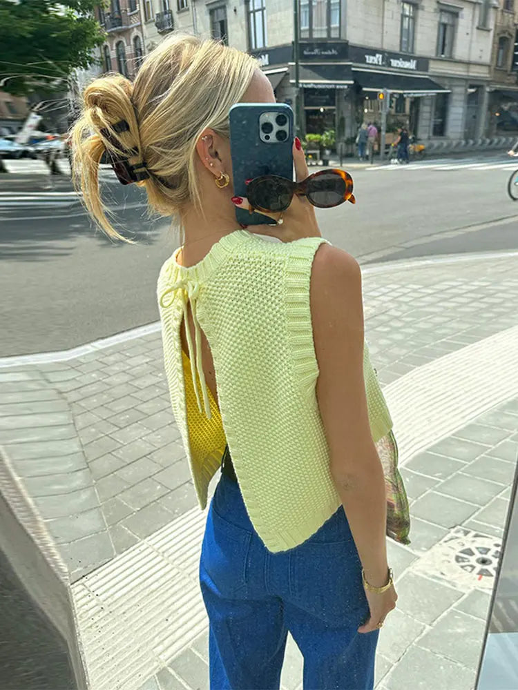 Yellow women's knit top with airy knit structure – Eliza
