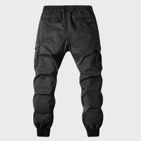 Schwarze Herren-Cargohose, elastischer Bund, Taschen, Freizeitmode, Baumwolle.