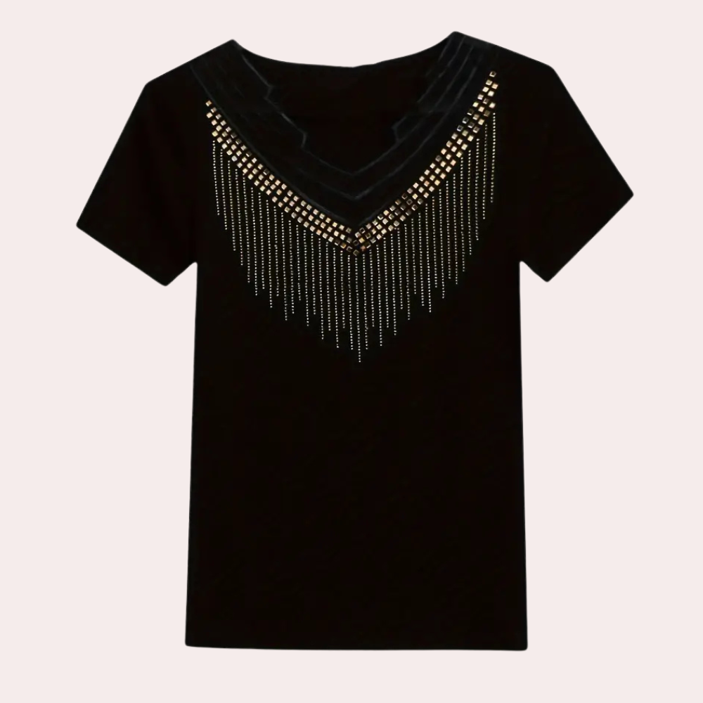 Schwarzes Damen-T-Shirt mit goldenen Verzierungen, V-Ausschnitt, modisch, elegant.