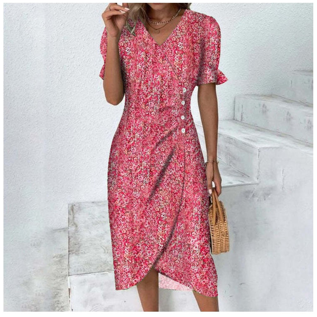 Button dress with V-neck & short sleeves – Luisa