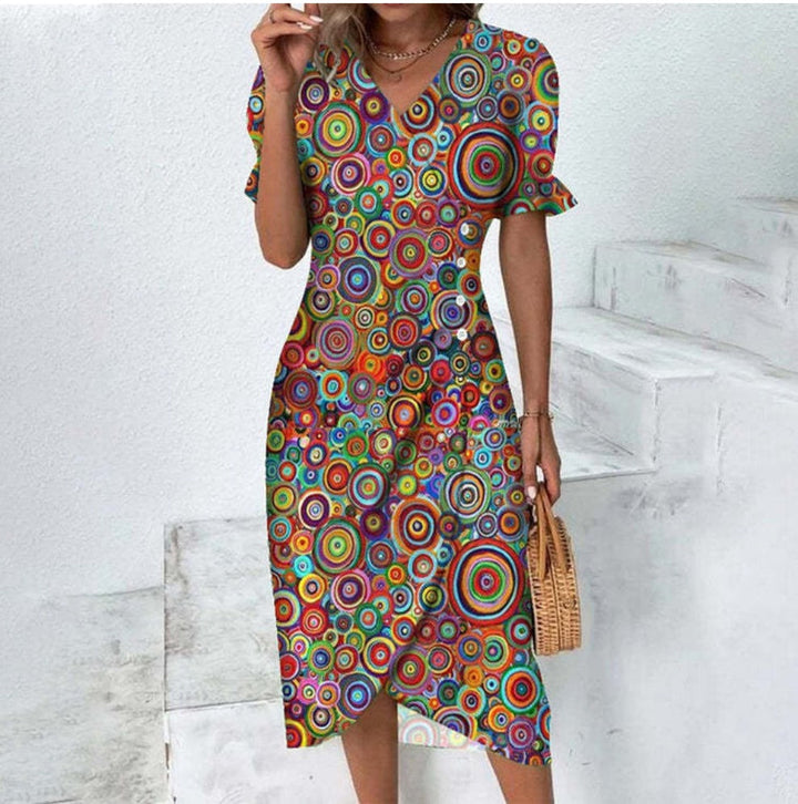 Button dress with V-neck & short sleeves – Luisa