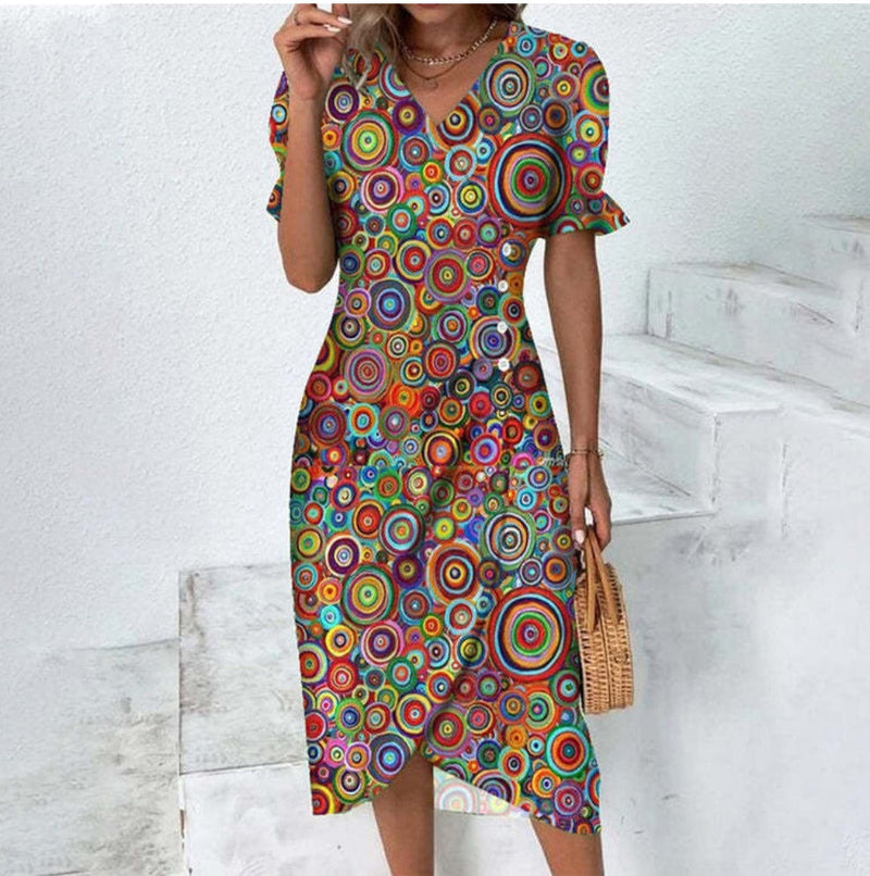 Button dress with V-neck & short sleeves – Luisa