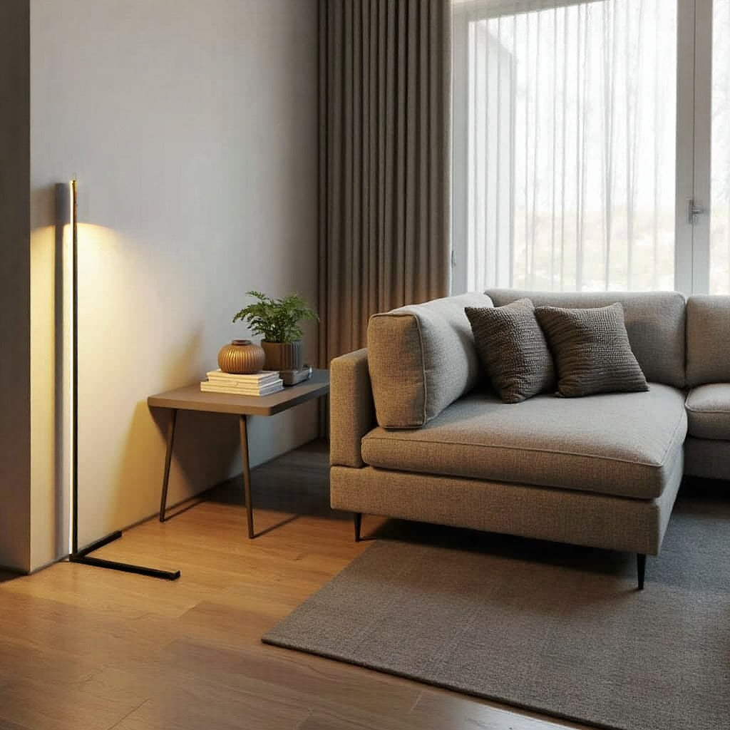 Stehlampe mit warmem Licht an heller Wand, daneben ein kleiner Tisch mit Pflanze und ein graues Ecksofa 6